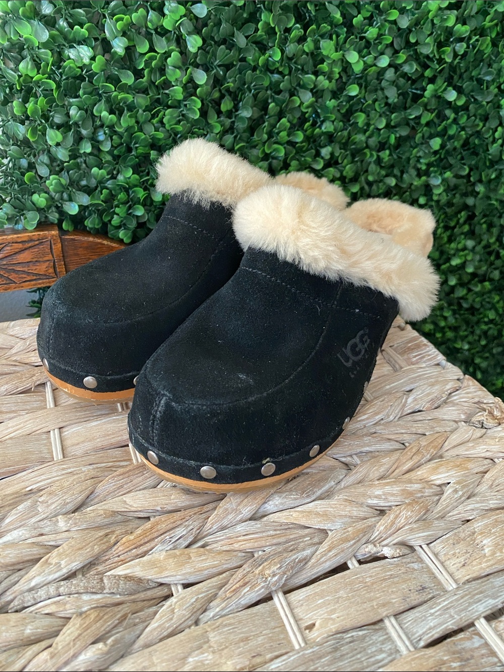 UGG Black Suede Shearling-Trim Clog Mules